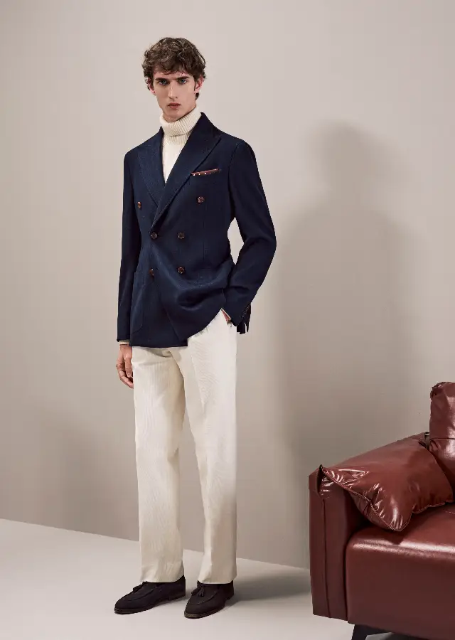 Navy Blazer with Khaki or Beige Trousers
