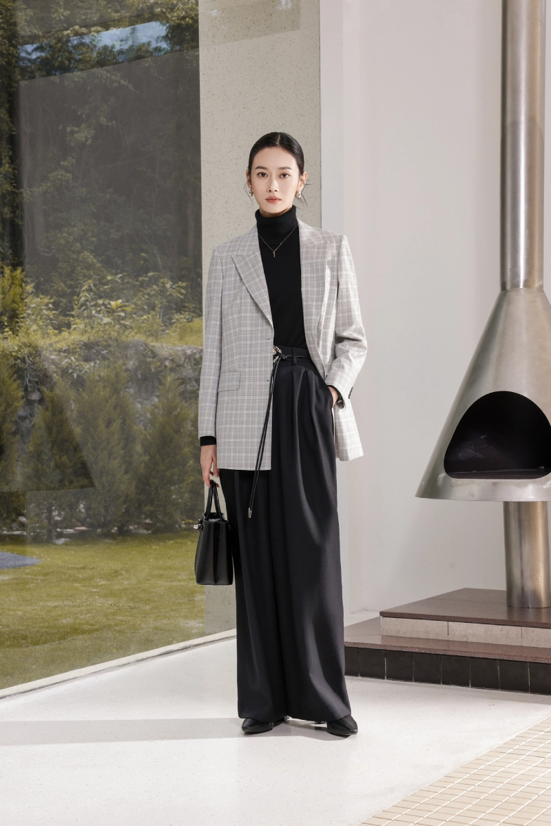 female ligtht grey wool plaid suit