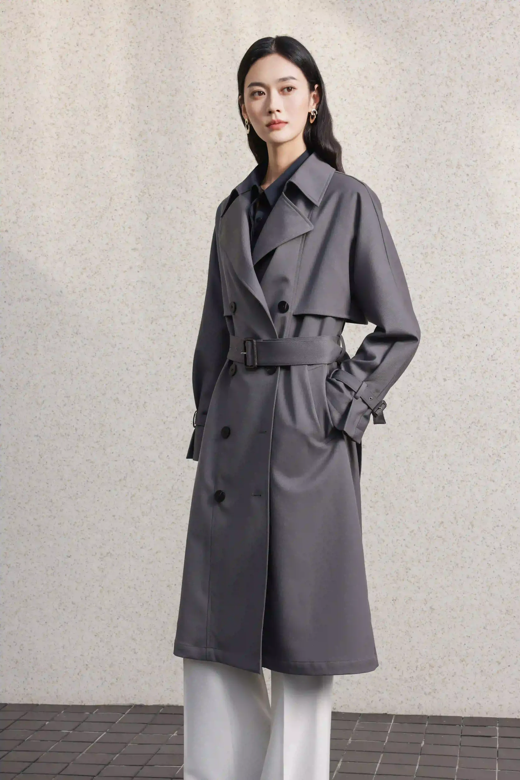 gray female long coat