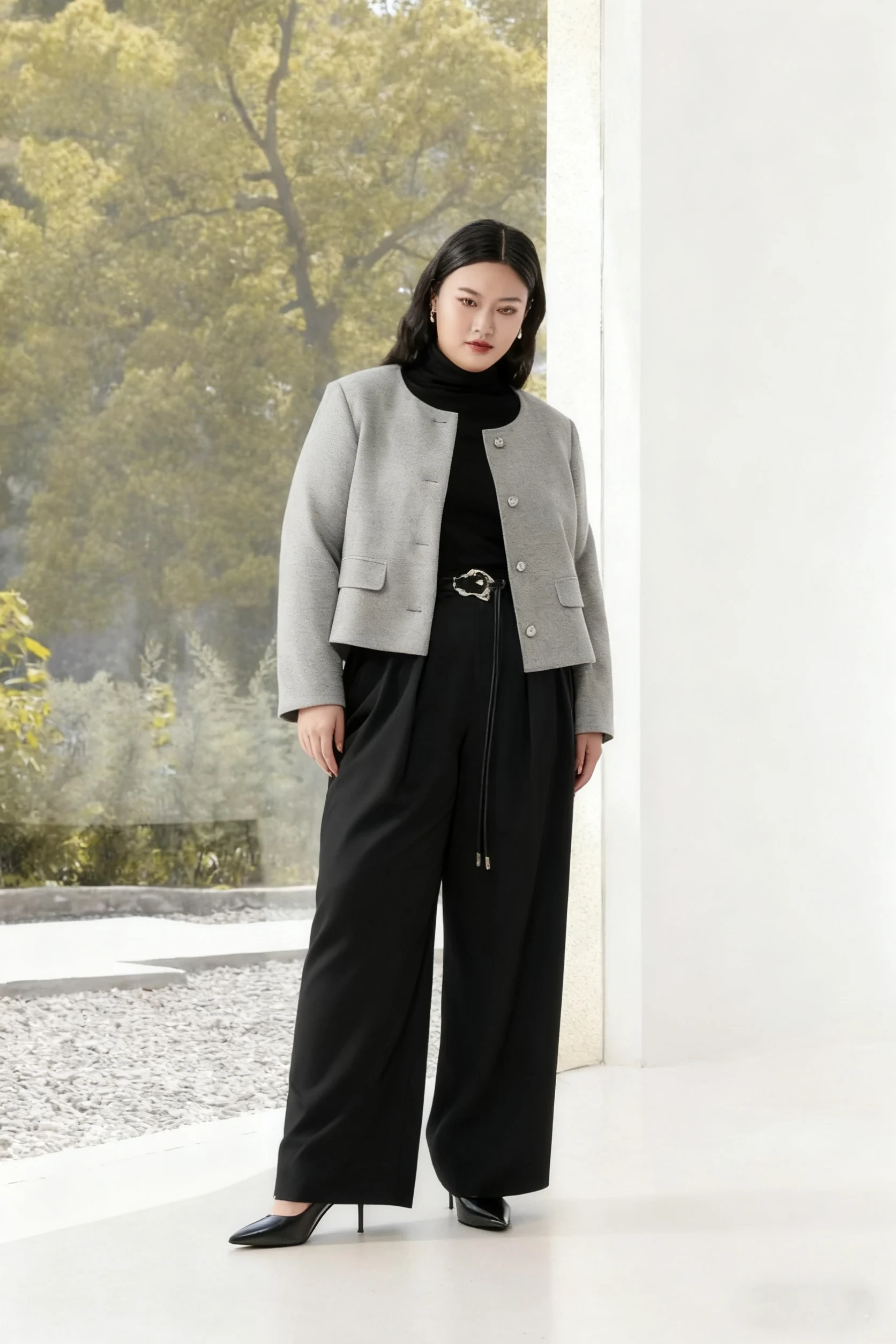 grey short coat for plus size women