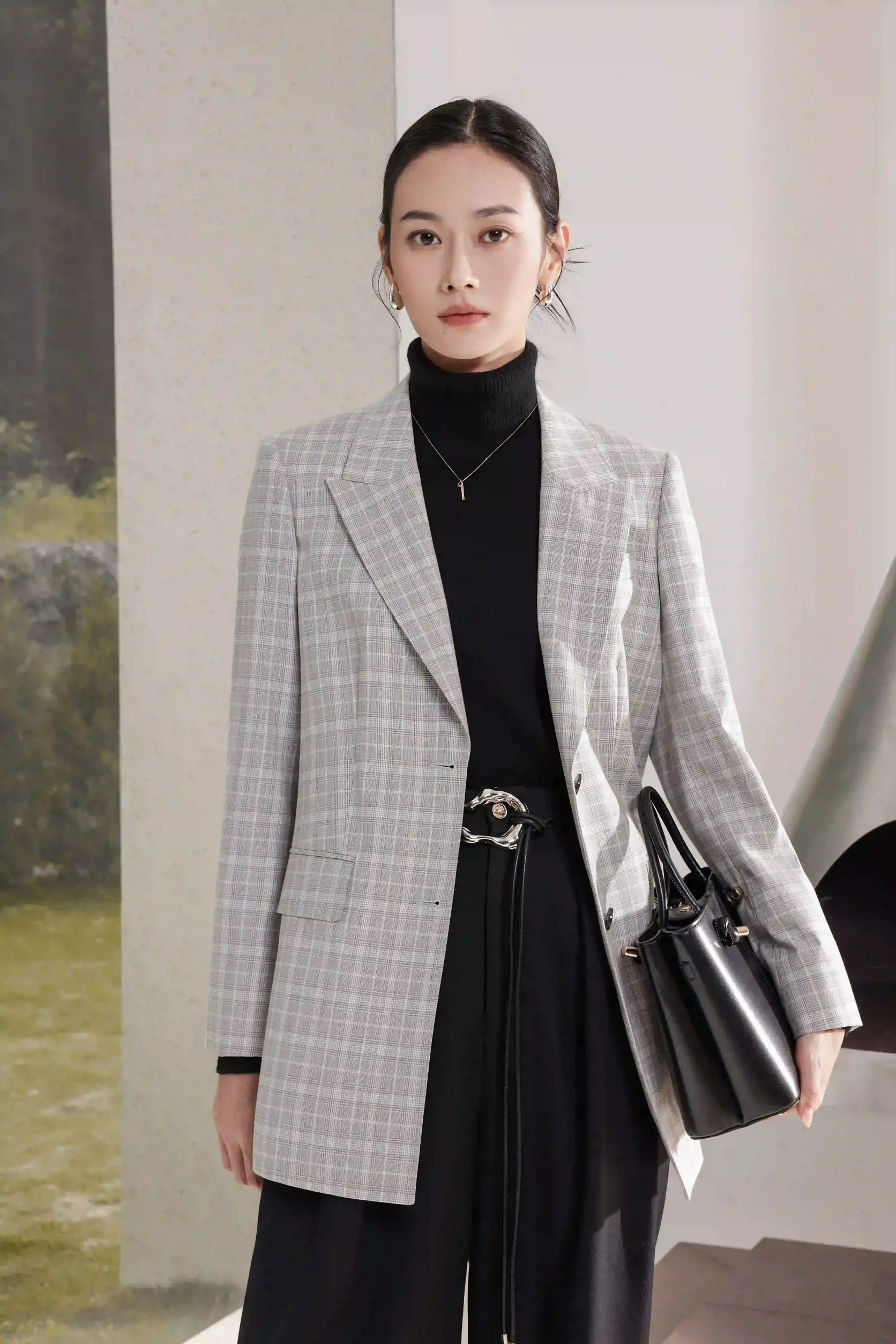 plaid grey short work attire